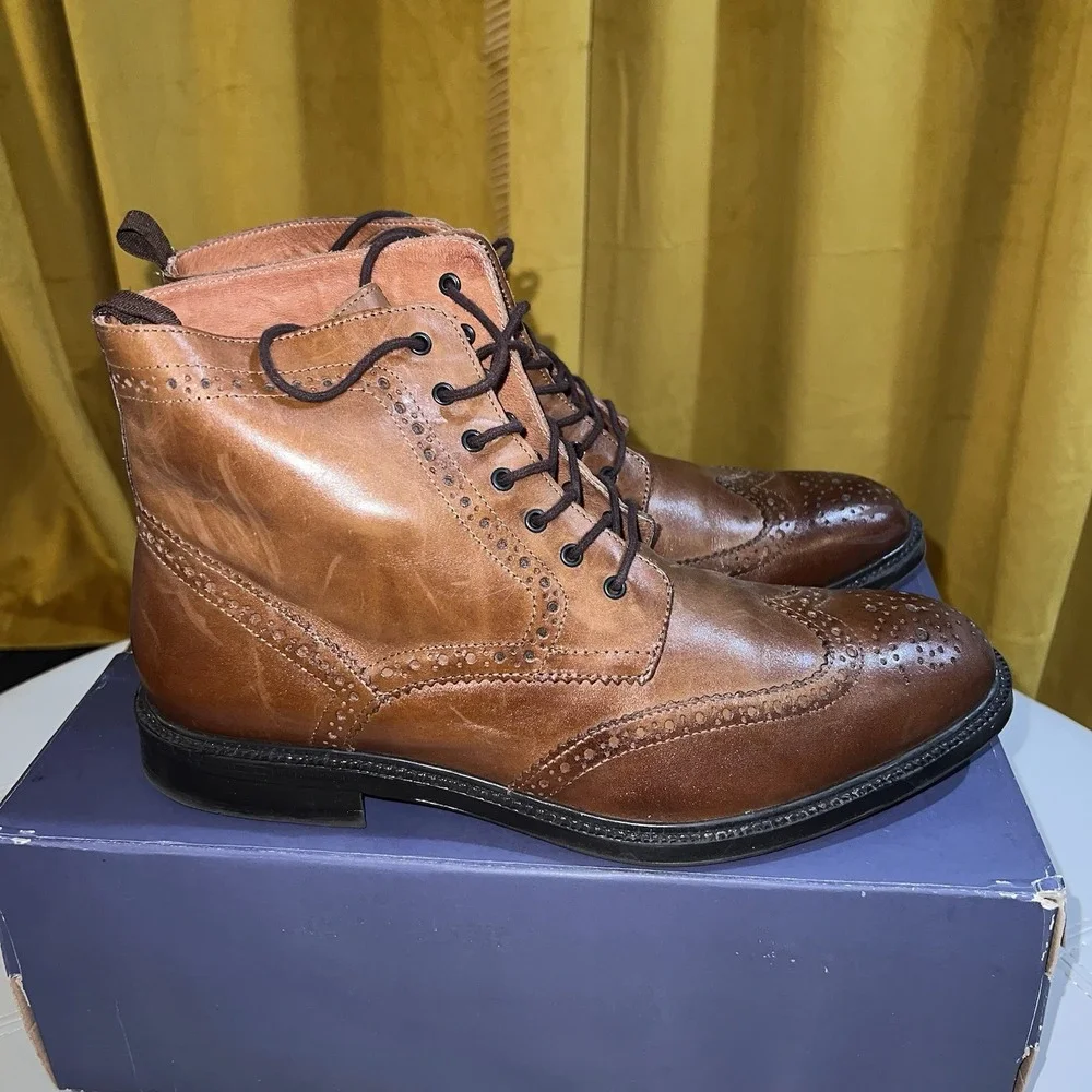 Stafford Deacon Wingtip Boots Mens 11 Cognac Brown Leather Brogue Lace Up‎ Dress